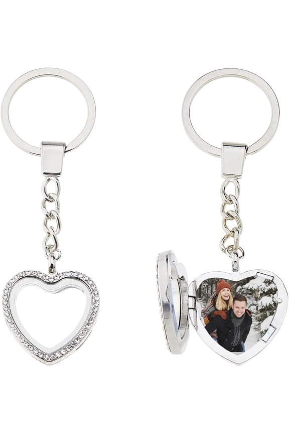 2PCS Heart Locket Keychains Photo Charm Keychains Rhinestone Glass Locket Keychain Photo Keyring Couple Key Chain Memory Locket Keychain DIY Key Cains Gift for Valentine 9.7cm