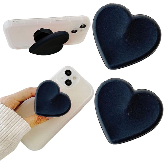 2PCS Heart-Shaped Silicone Mobile Phone Grip Stand,Collapsible Cellphone Finger Grip Holder for Smartphone Tablet Cell Phone Accessory (Black)