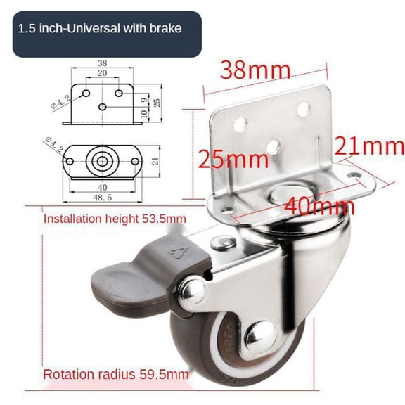 2PCS Heavy Duty Casters 20Kg Mute Swivel Wheels for Moving Furniture Chair Crib 1.5 inch With Brake