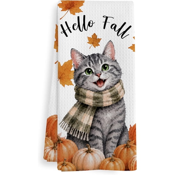 2PCS Hello Fall Grey Tabby Cat Kitchen Towels and Dishcloths, 16x24in