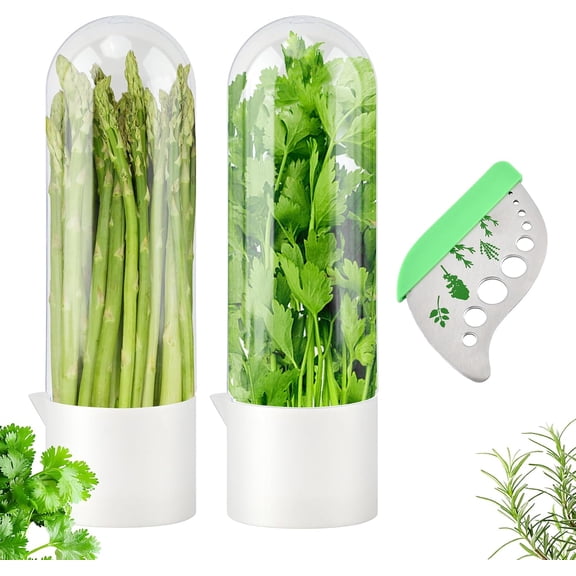 2PCS Herb Keeper for Refrigerator + Herb Stripper - Cilantro Container for Fridge, Vegetable Preservation Bottle for Cilantro, Mint, Keeps Greens Fresh for 2-3 Weeks