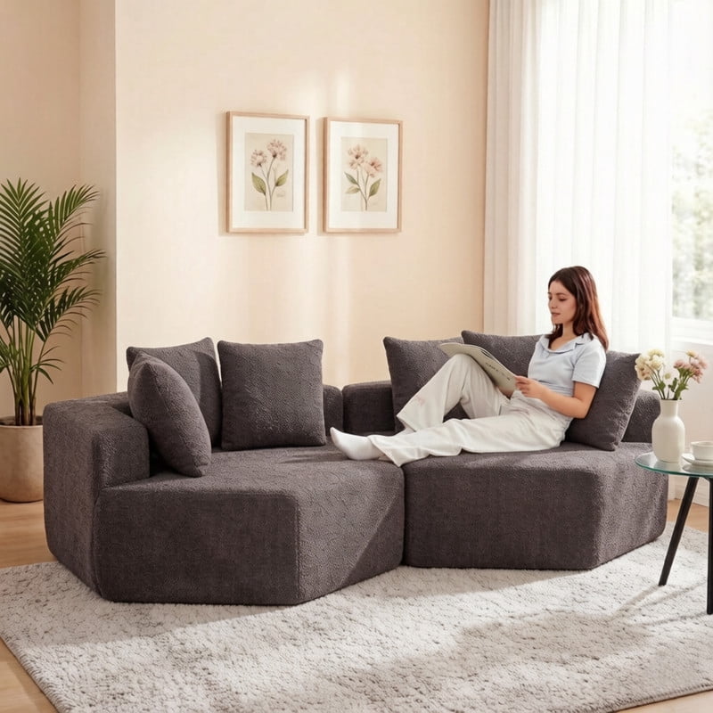 2PCS Hexagonal Double Chaise Lounge Accent Couch, Chenille-Upholstered Sectional Sofa, Compressed Boneless Oversized Loveseat