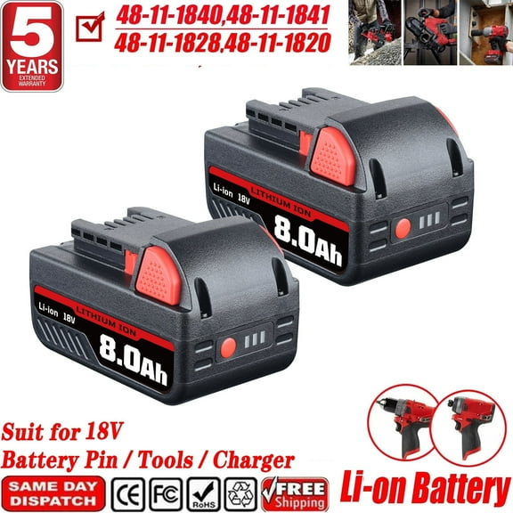 2PCS High Output M18 8.0Ah Replace Battery for M18 18Volt Batteries for Miwokee 18V Cordless Power Tools 48-11-1852, 48-11-1865, 48-11-1880, 48-11-1850, 48-11-1820, 48-11-1840, 48-11-1862
