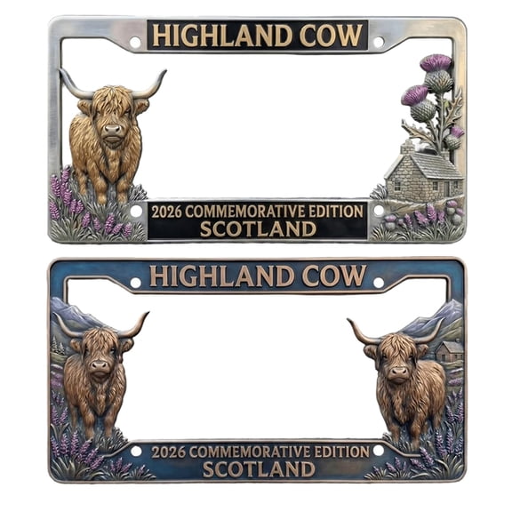 2PCS Highland Cow Commemorative License Plate Frame – Rustic Scotland Animal & Flower Car Tag for Cars & Trucks