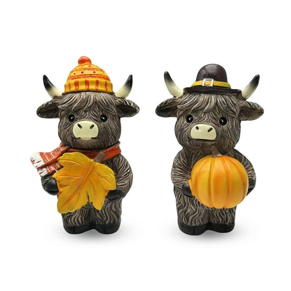 2PCS Highland Cow Figurines Autumn Pumpkin Maple Highland Cow Gnomes Leaf Scottish Resin Statue Calf Lovers Gifts for Fall Home Garden Kitchen Office Tiered Tray Table Decor