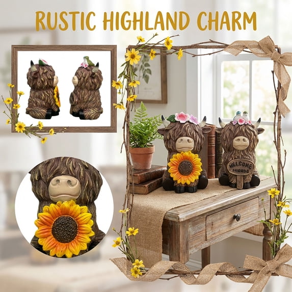 2PCS Highland Cow Resin Figurine with Welcome Theme and Floral Accent, Farmhouse Tabletop Decor, Rustic Home Accent, 6.69 Inch