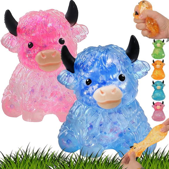 2PCS Highland Cow Squishy Stress Balls, Glitter Slow Rising Squeeze Fidget for Adults, Soft Sensory Desk Decor for Office Home, Lover Gift