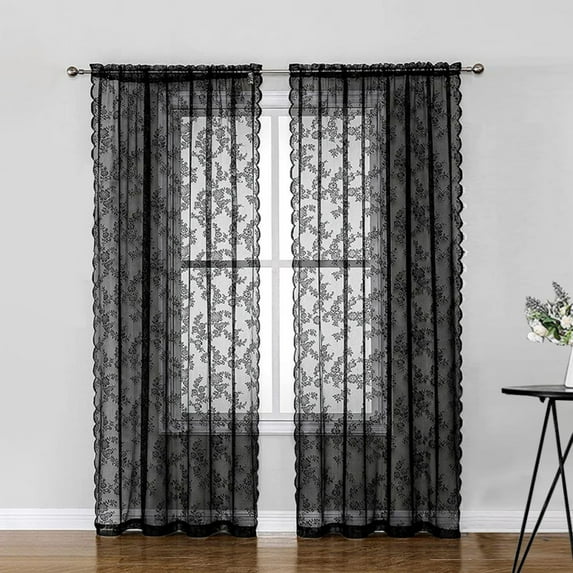 2PCS Home Lace Gauze Curtains,Pastoral Black German Curtains,Semi-blackout Finished Curtains for Bedrooms,Living rooms