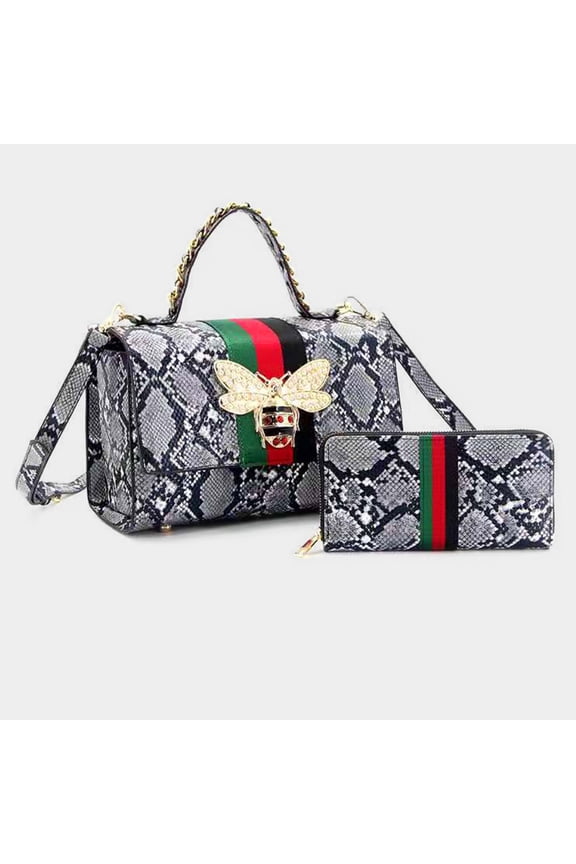 2PCS - Honey Bee Accented Snake Skin Patterned Faux Leather Tote Bag Wallet Set
