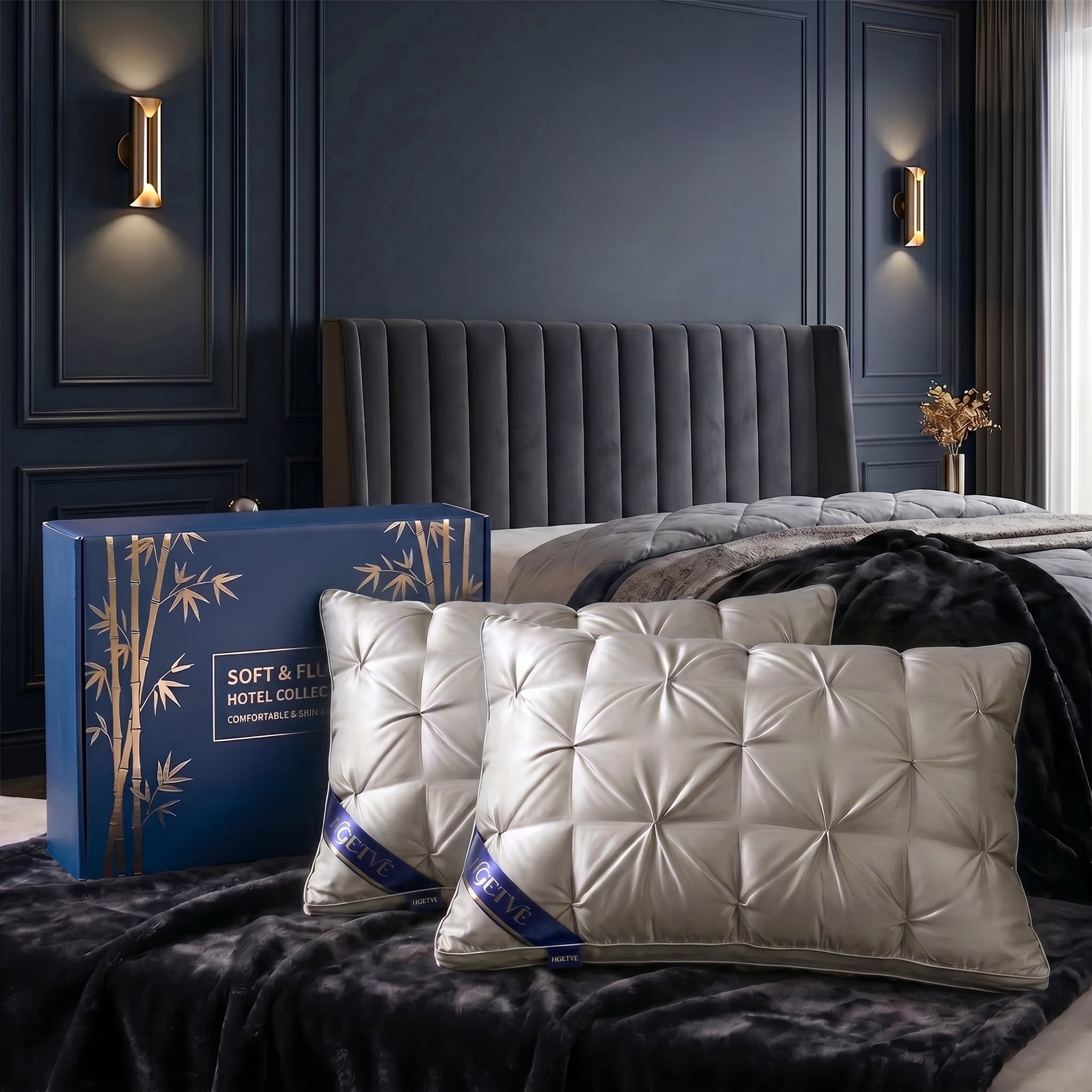 2PCS Hotel Series Luxury Bed Pillows, Ergonomic Neck Support Pillows, Cloud-Like Soft and Fluffy, Breathable and Skin-Friendly Pillowcases, Suitable for Bedroom/Guest Room,Grey Queen size