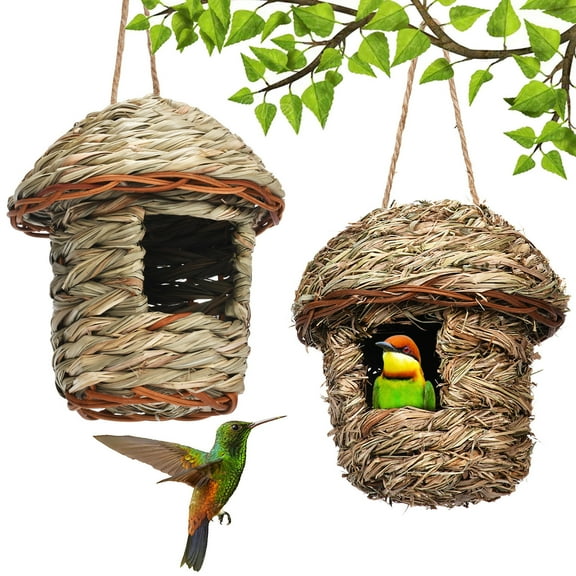 2PCS Hummingbird House, Hand Woven Bird Nest for Outdoors Hanging, Small Grass Bird Houses for Outside, Natural Fiber Bird Hut Roosting Pocket for Finch Canary Chickadee