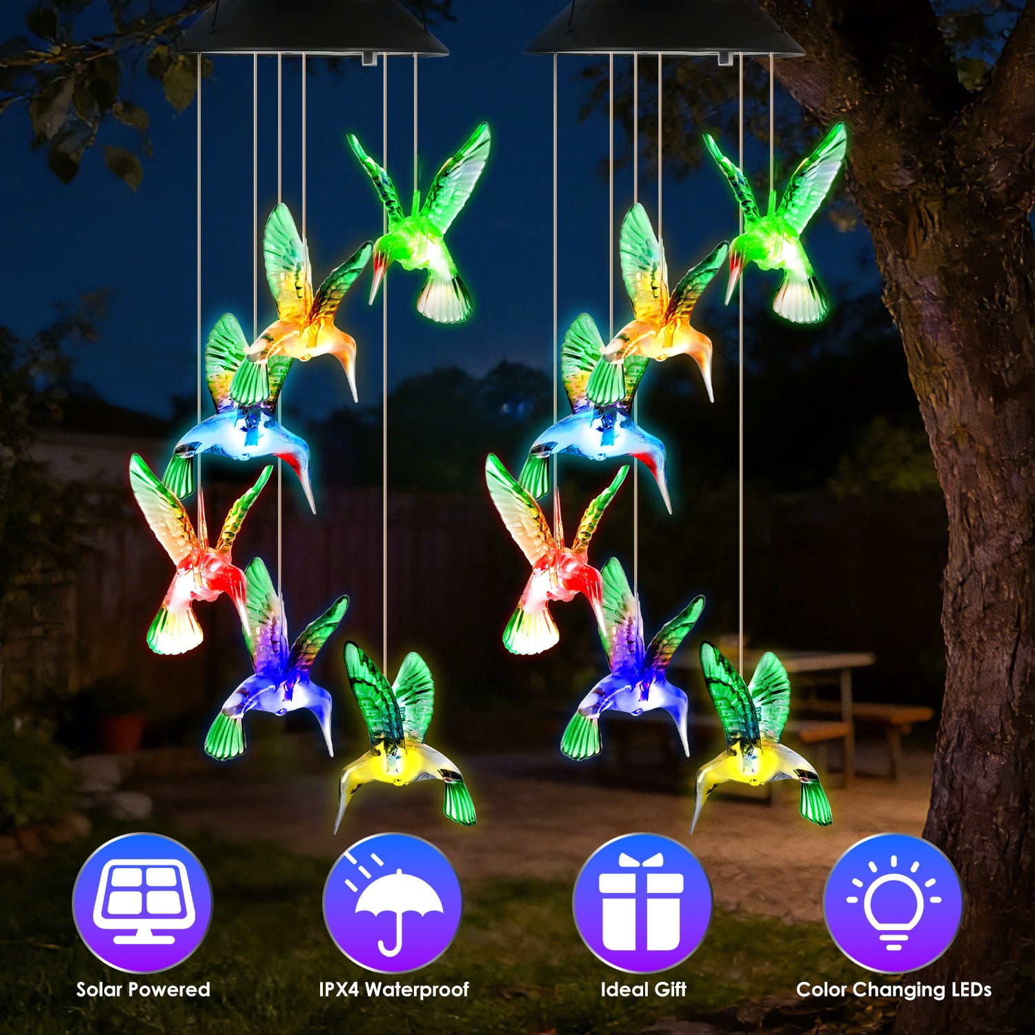 2PCS Hummingbird Solar Wind Chimes with Color Changing LED Lights, Waterproof Solar Powered Wind Chime for Outdoor Garden Patio Balcony Porch Home Decor, Ideal Gift for Mom Women Christmas