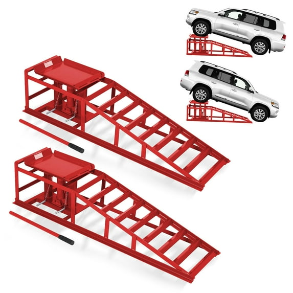 2PCS Hydraulic Car Ramps, 5T/11000Lb Heavy Duty Auto Service Ramps with 9.4" -13.3" Adjustable Lifting Height, Low Profile Car Lift , Red