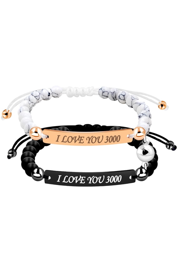 2PCS I Love You 3000 Couples Mutual Attraction Bracelet Set, Black Matte Agate & White Turquoise Beaded Distance Matching Couples Bracelets Friendship Gift