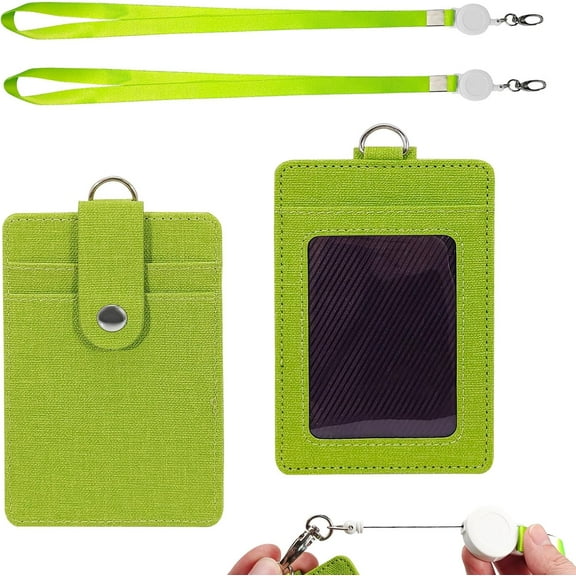 2PCS ID Badge Holder with Retractable Lanyard, 3 Slots Leather Vertical ID Card Holder, Easy Swipe ID Holder for Work, Keycard, Access Card, Name Badge Protector (Green)