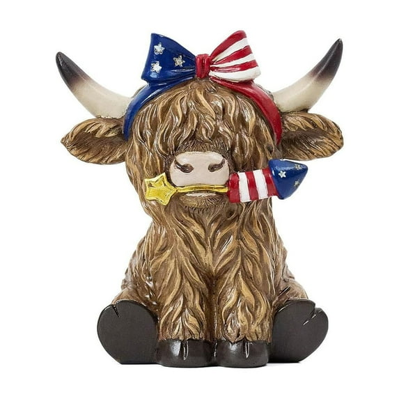 2PCS Independence Day Solar Highland Cow Garden Decor Statue, Outdoor Funny Decoration for Yard