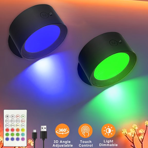 2PCS Indoor Rechargeable LED Wall Light, RGBW Colorful Mural Lamp, 360 Rotatable, USB Charging 1200mAh, Wireless Wall-Mounted with Remote Control for Night & Photo Use (Battery Not Included)