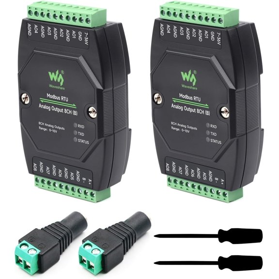 2PCS Industrial 8-Ch Analog Output Module, 12-Bit DA Conversion, Supports 8-Ch Simultaneous Voltage Output, DC 7~36V Wide Voltage Power Supply, Modbus RTU Protocol, Rail-Mount Support