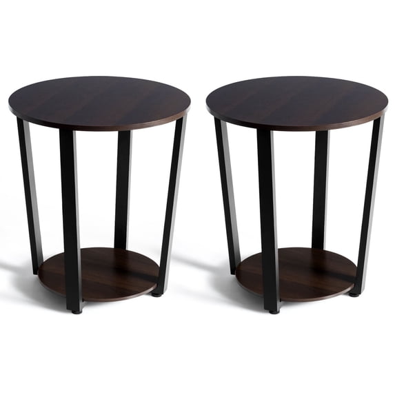 2PCS Industrial Round End Table Metal Sofa Side Table w/ Storage Shelf Walnut