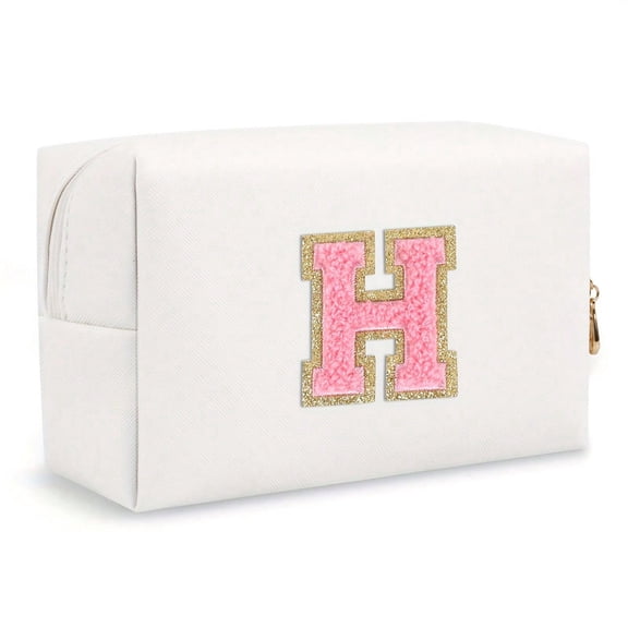 Initial Letter Patch Makeup Bag, Preppy Portable Chenille Letter Cosmetic Bag With Zipper, PU Leather Waterproof Travel Toiletry Bag Monogram Make Up Pouch For Women Girls (Letter A~Z) School