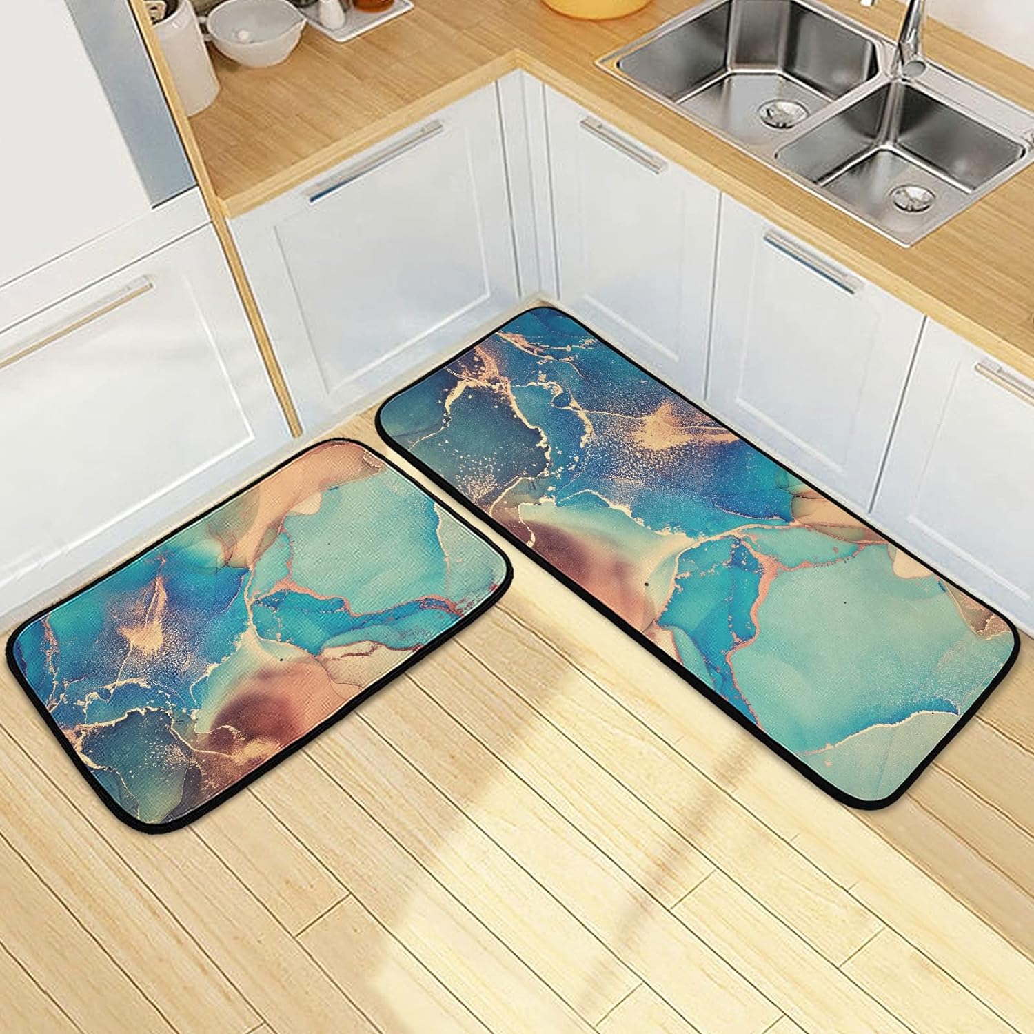 2PCS Ink Colors Translucent Kitchen Rug and Mat Abstract Marbling Floor