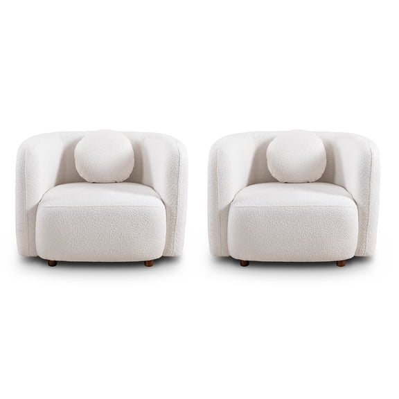 2PCS Japandi Accent Armchair - Plush Boucle Fabric Cloud Couch, Modern White 1-Seater Sofa for Living Room, Ergonomic & Spacious Design, Eucalyptus Wood
