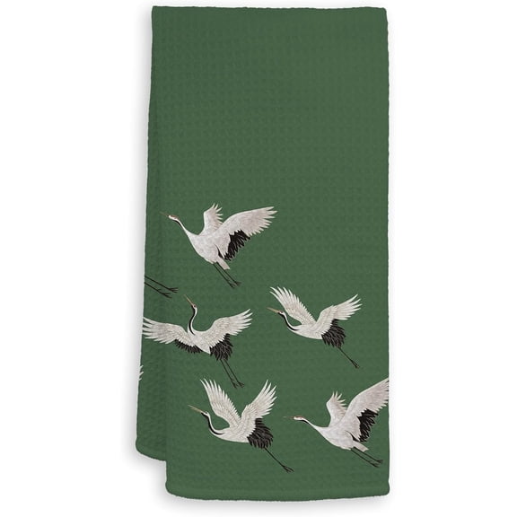 2PCS Japanese Crane Bird Kitchen Towels, Vintage Crane Emerald Green Decorative Kitchen Dish Tea Towels, Japanese Decor Hand Towel for Bathroom Decor, Bird Lovers Gifts for Women, 16x24 Inches