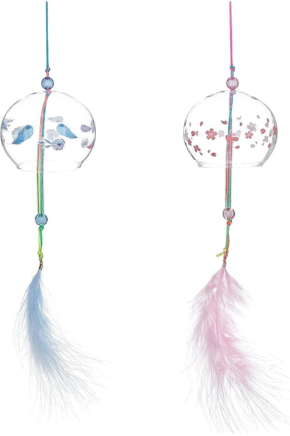 2PCS Japanese Wind Chimes Pink & Blue Glass Wind Bells Handmade Pendants for Birthday Gift and Home Decors Mixed Color