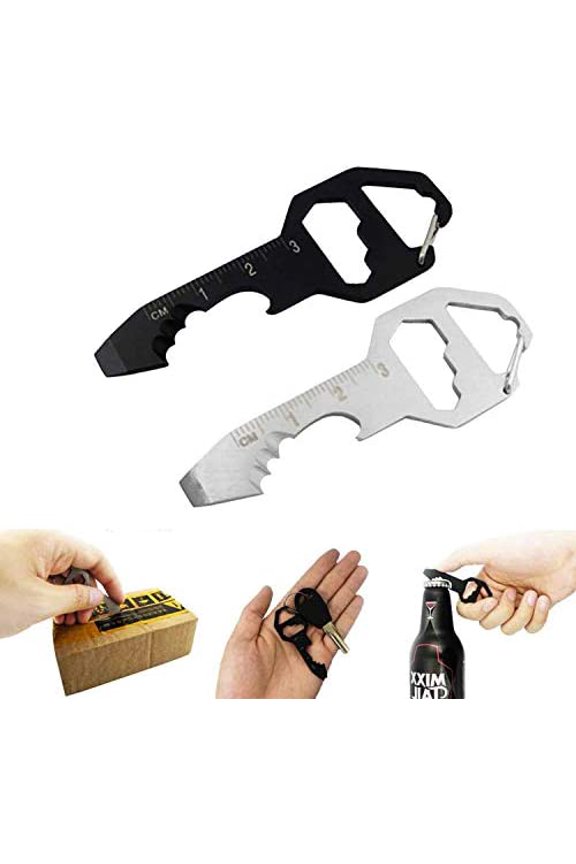 2PCS Keychain Bottle Opener Multi Tool, 100% Stainless Steel EDC Gadget, 6 Tools in 1 [Bottle Opener, Wrench, Screw Driver, Metric Ruler,Cord Cutter] Universal Everyday Carry Pocket and Backpack Tool