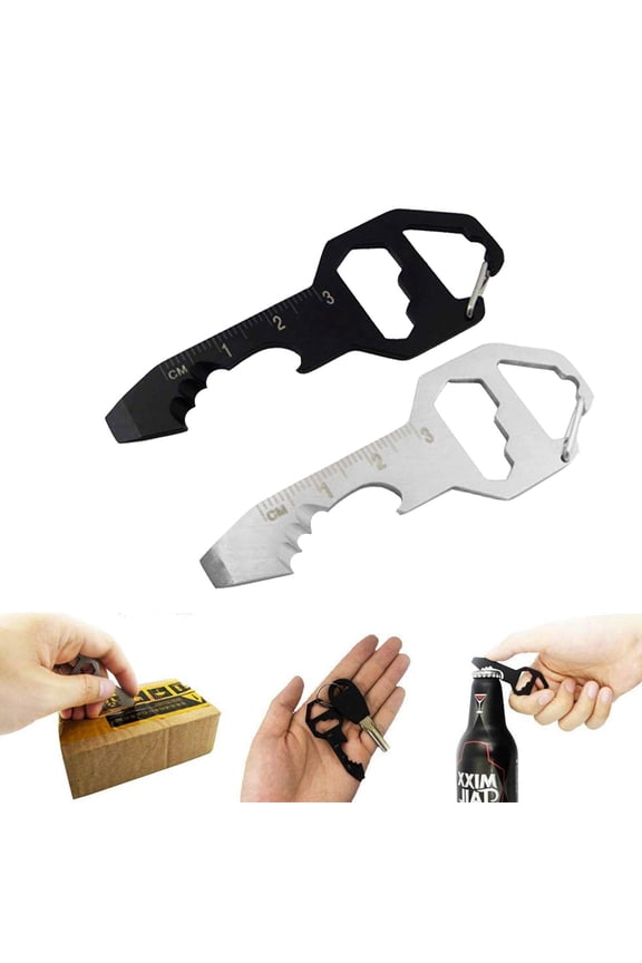 2PCS Keychain Bottle Opener Multi Tool, 100% Stainless Steel EDC Gadget, 6 Tools in 1 [Bottle Opener, Wrench, Screw Driver, Metric Ruler,Cord Cutter] Universal Everyday Carry Pocket and Backpack Tool
