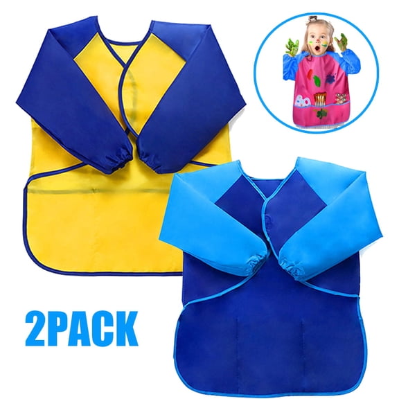 2PCS Kids Art Smocks Painting Apron for Children with Long Sleeves and 3 Large Pockets for Age 3-8 Years