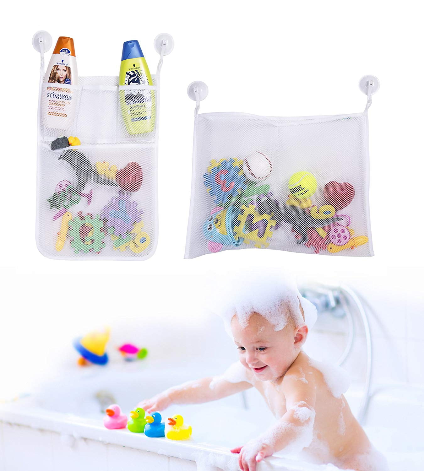 2PCS Kids Bath Toys Organizer & Toy Holder | Mesh Shower Caddy Organizer Set with 4 Anti-Slip Suction Cups | Bathroom Shower Organizer for Toys, Shampoo & Soap | Bath Toy Storage & Tub Organizer