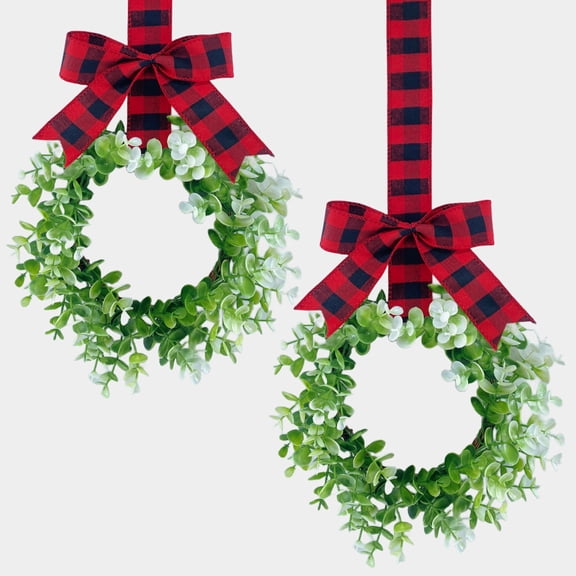2PCS Kitchen Cabinet Wreaths Boxwood Wreaths with Ribbon Artificial Green Leaves Wreaths Decorative Hanging Wreaths for Cabinet Wall Window Front Door Decors
