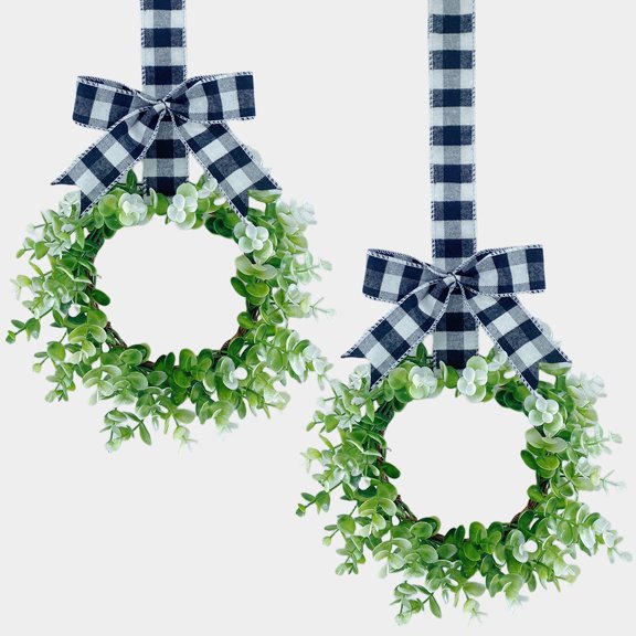 2PCS Kitchen Cabinet Wreaths Boxwood Wreaths with Ribbon Artificial Green Leaves Wreaths Decorative Hanging Wreaths for Cabinet Wall Window Front Door Decors