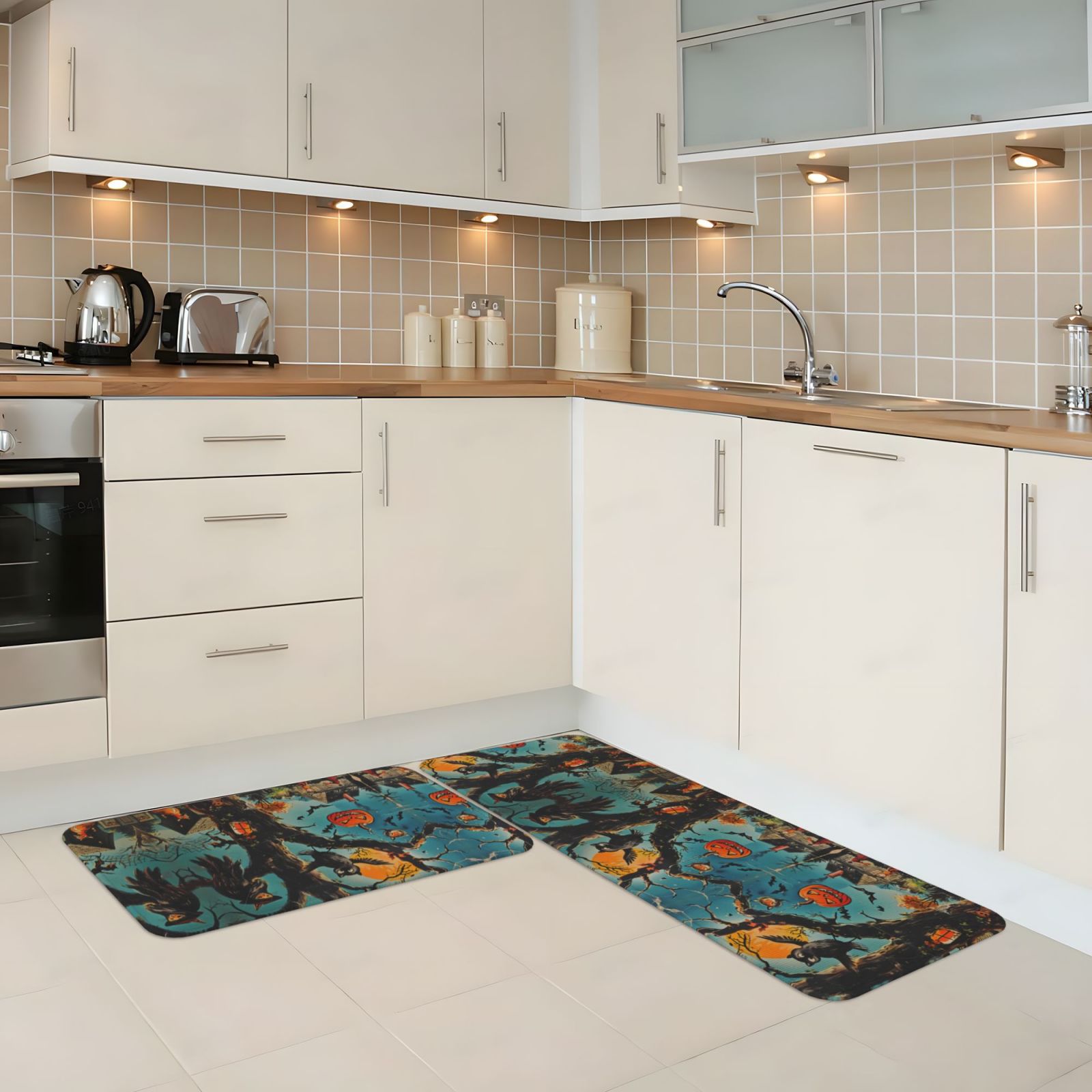 2PCS Kitchen Mats for FloorHalloween Tree Branch Village Non slip