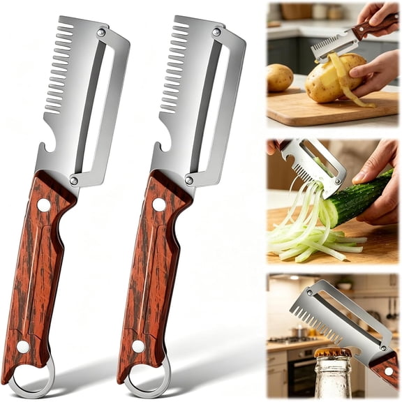2PCS Kitchen Multi-Function Stainless Steel Thickened Fruit Peeler Knife With wooden handle & bottle opener and grater for Peeling Fruits and Shredding Scallions