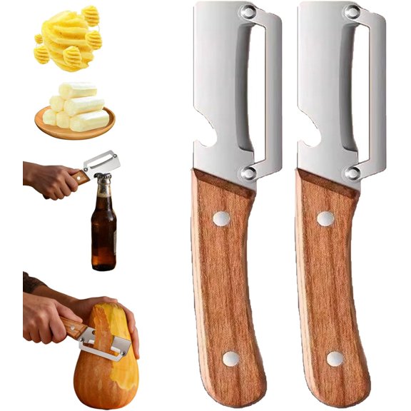 2PCS Kitchen Multi-function Stainless Steel Thickened Fruit Peeler Knife,With Wooden Handle and Bottle Opener, For Sugar Cane and Pineapple Skin Removal Special Tool (2Pcs)