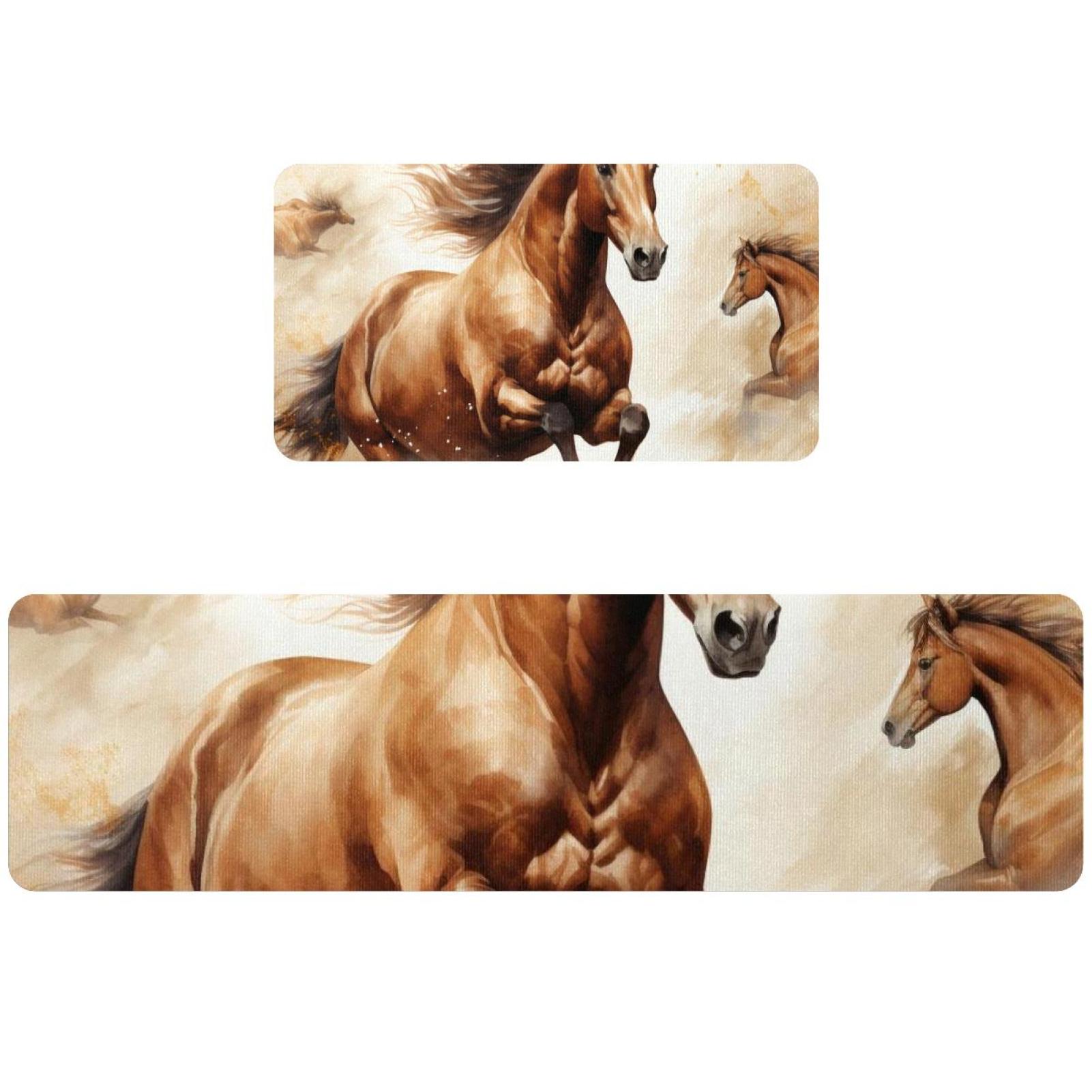 2PCS Kitchen Rug Mats Horse Art Vintage Pattern NonSkid Comfort Floor