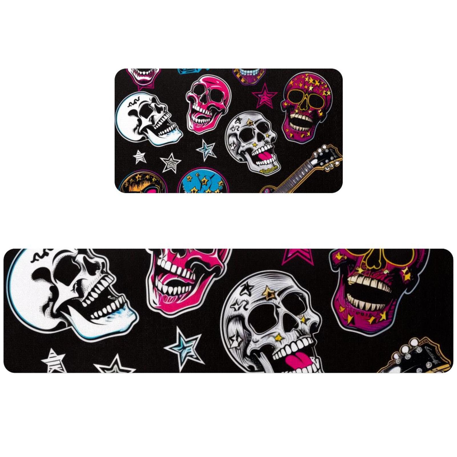 2PCS Kitchen Rug Mats Rock Abstract Skulls Pins Guitars Rock Disk Non