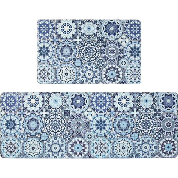 2PCS Kitchen Rugs and Mats, Blue Memory Foam Cushioned Anti Fatigue Comfort Floor Mat Non Slip Waterproof Kitchen Carpet Set for Kitchen Laundry Sink 17"x48"+17"x28"