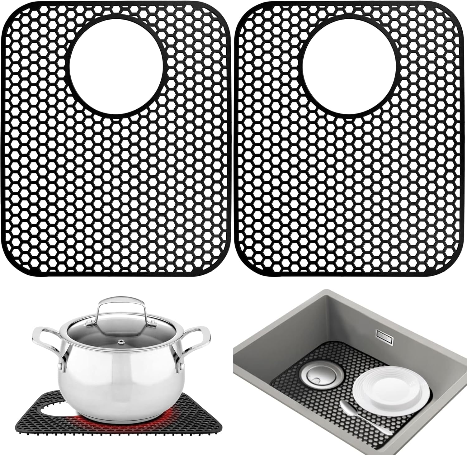 2PCS Kitchen Sink Mat, Anti Slip Silicone Drain Sink Protectors, Dishes Drying Mat Filter Mesh Grid Non-Slip Foldable for Bottom of Farmhouse Stainless Steel Porcelain Sink(Black*2,Side Hole)
