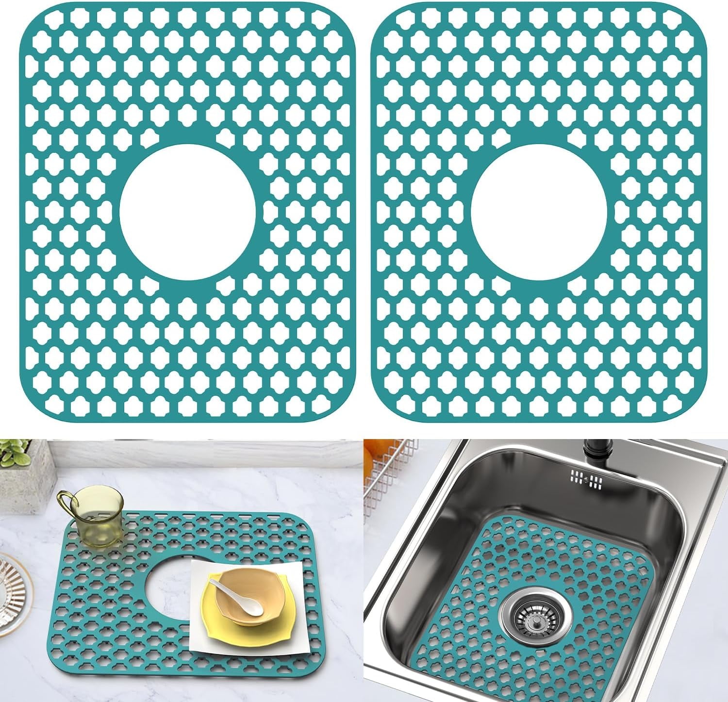 2PCS Kitchen Sink Mat, Anti Slip Silicone Drain Sink Protectors, Dishes Drying Mat Filter Mesh Grid Non-Slip Foldable for Bottom of Farmhouse Stainless Steel Porcelain Sink(Green*2,Intermediate Hole)