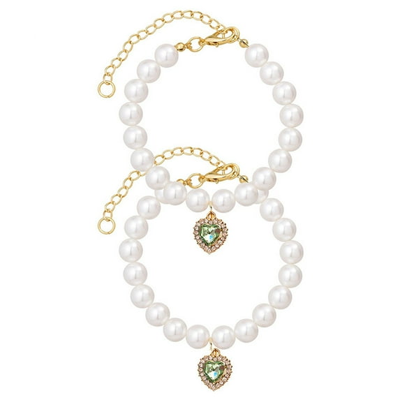 2PCS Kitten Collars Pearl Cat Dog Collar with Small Heart Shape Stone, Cat Collars for Girl Cats, Adjustable Dog Pearl Necklace Collar for Small Dogs and Cats(M,Green)