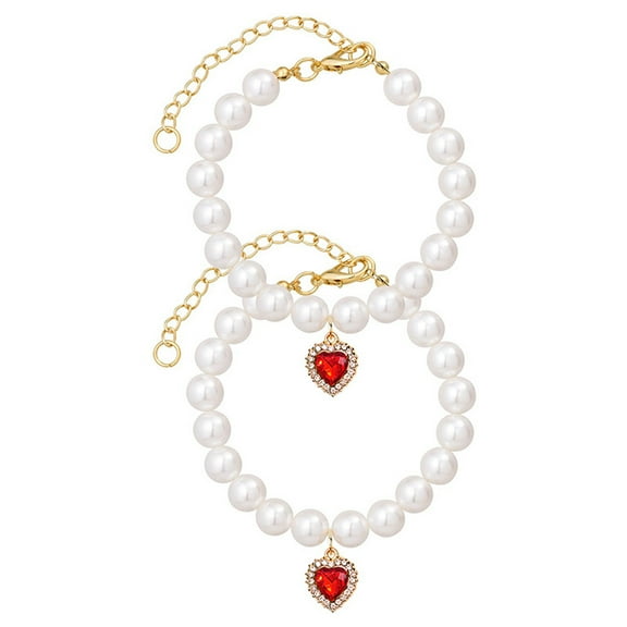 2PCS Kitten Collars Pearl Cat Dog Collar with Small Heart Shape Stone, Cat Collars for Girl Cats, Adjustable Dog Pearl Necklace Collar for Small Dogs and Cats(M,Red)