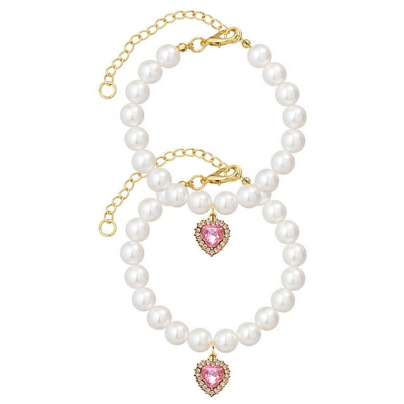 2PCS Kitten Collars Pearl Cat Dog Collar with Small Heart Shape Stone, Cat Collars for Girl Cats, Adjustable Dog Pearl Necklace Collar for Small Dogs and Cats(S,Pink)