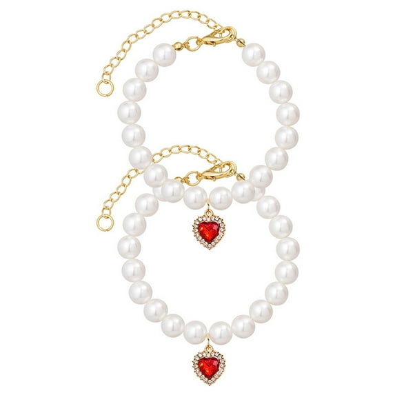 2PCS Kitten Collars Pearl Cat Dog Collar with Small Heart Shape Stone, Cat Collars for Girl Cats, Adjustable Dog Pearl Necklace Collar for Small Dogs and Cats(S,Red)