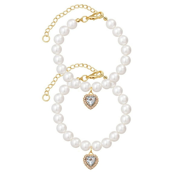 2PCS Kitten Collars Pearl Cat Dog Collar with Small Heart Shape Stone, Cat Collars for Girl Cats, Adjustable Dog Pearl Necklace Collar for Small Dogs and Cats(S,White)