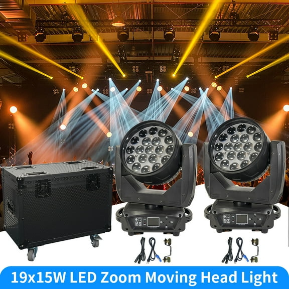 2PCS LED 19x15W Wash Zoom Moving Head Beam Light RGBW Party Light w/Flight Case