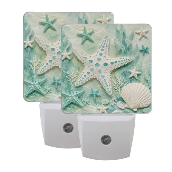 2PCS LED Night Light Auto On/Off Sensor Warm Light Dusk to Dawn for Home Stairs Bathroom Decor Mint Green Starfish