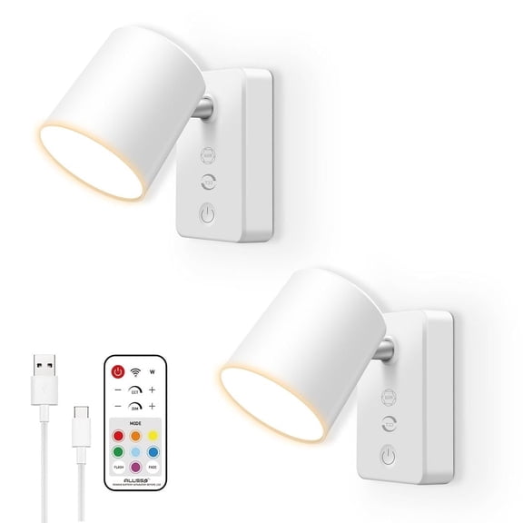 ALUSSO LED Wall Light Sconces, RGB & 4CCT & Dimmable, 4000mAh USB Rechargeable Battery, Remote Control, Wireless Reading Lamp for Bedside, White 2PCS